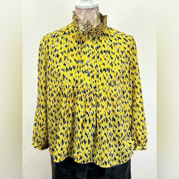 JOIE Yellow and black abstract print ruffle‎ collar top size XS. - Picture 2 of 12